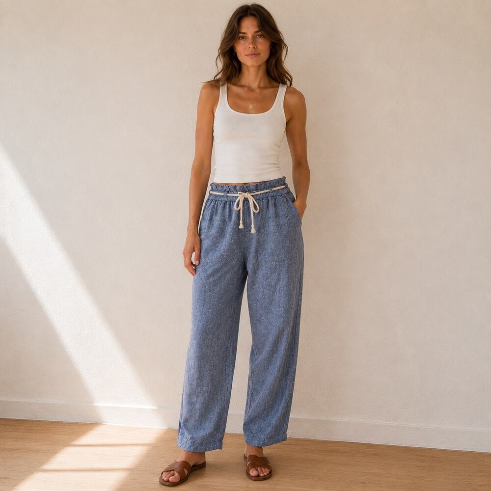 C&C California 100% Linen Blue Coastal Minimalist Rope Belt Pants Small